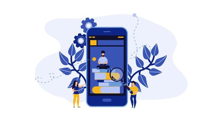 Online book library vector illustration concept with people. Education with phone or computer. Digital knowledge study. App learning banner technology background. Reading bookshelf in bookstore