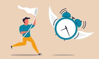 Waste time achievement and catch precious alarm clock. Management control and schedule work vector illustration concept. Organization task and business deadline chasing. Efficiency progress career