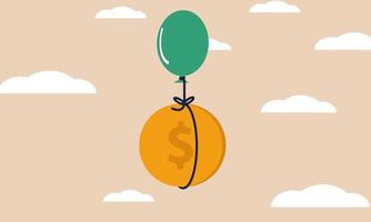 Financial freedom coin with balloon on cloud. Succeed finance and money future growth goal solution vector illustration concept. Profit earning with effort and saving income wealth. Dollar raise up