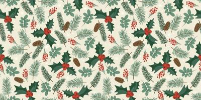 Christmas and Happy New Year seamless pattern. Spruce branches, leaves, berries, snowflakes. New Year symbols.Trendy retro style. Vector design template.