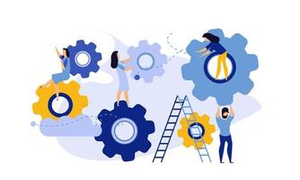 Man and woman business organization with circle gear vector concept illustration mechanism teamwork. Skill job cooperation coworker person. Group company process development structure workforce banner