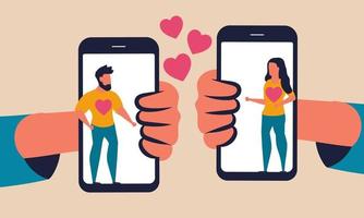 Mobile love online and social talking people. Romantic phone connection and network dating vector illustration concept. Hand holding smartphone and device application. Communication chat service