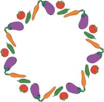 Round frame with colored eggplant, tomato, carrot and cucumber. Isolated frame for your design. vector