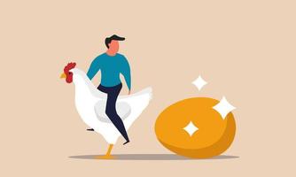 Man on chicken with golden egg. Finance dividend and earning profit investment money vector illustration concept. Investor making future rich and gold treasure. Economy growth and priceless luck