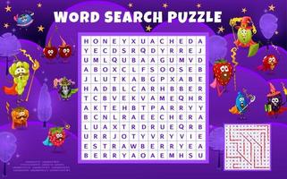 Word search puzzle with cartoon berry wizards vector