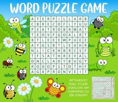Word search puzzle worksheet with cartoon insects vector