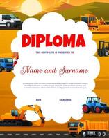 diploma de niños con máquinas de construcción, transporte vector