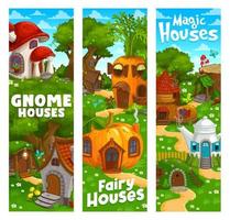 Cartoon gnome and elf houses or dwellings banners vector