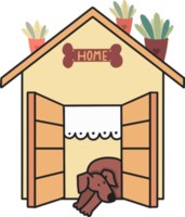 Modern house with the sleeping dog, cartoon illustration. png
