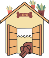 casa moderna con el perro dormido, ilustración de dibujos animados. png