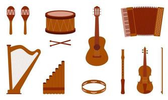 Set of musical instruments. Acoustic, wind and percussion instruments and harmonica. Flat style. Vector illustration