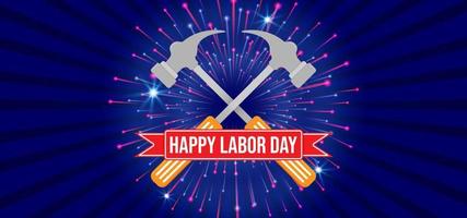 Happy Labor Day template background. Blue background with hammer symbol and red ribbon. Vector illustration