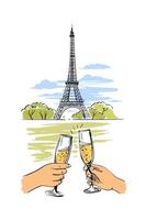 Vector illustration - date in Paris at the Eiffel tower with glasses of champagne