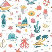 Cute seamless pattern with a nautical theme. Ocean and sea life background for fabric and packaging. Vector illustration for children.