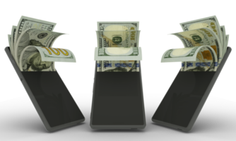 Notas de 100 dólares americanos dentro de um telefone celular. dinheiro saindo do celular. renderização 3D do conjunto de conceito de transação de dinheiro móvel. dinheiro do telefone