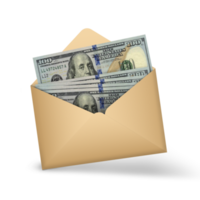 100 US Dollar notes inside an open brown envelope. 3D illustration of money in an open envelope png