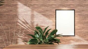 el fondo de la mesa de madera con ventana de luz solar crea sombra de hoja en la pared con un primer plano de planta verde interior borroso. maqueta para marco de fotos con fondo de pared de madera, representación de animación 3d video