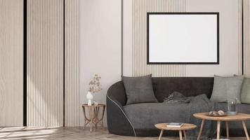 diseño interior moderno de apartamento escandinavo de muebles y accesorios para sala de estar con muebles de tonos neutros. representación de animación 3d video