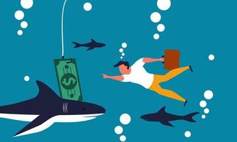 Money bait and fraud on rod hook. Business finance concept and fish hunting for temptation vector illustration. Man with risk and motivation investment. Danger greed and trap with wealth on underwater