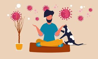 Home stay health yoga meditation with cat. Pandemic coronavirus social strong vector illustration corona calm. People work from home. Harmony sport safety lockdown. Person man sitting quarantine