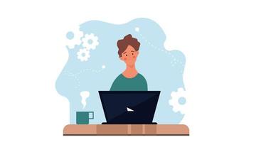 Thinking sad man on laptop vector flat illustration business concept. Professional human solution question problem work. Confusion guy brainstorming head decision. Character inspiration job thought