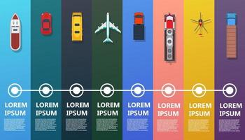 Transport infographic top view vector. Flat bus, ship, truck, train, plane, helicopter, car. Road icon business industry travel map. Set info traffic commercial freight delivery. Cargo logistic goods vector