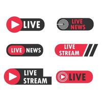 colección de banners noticias transmisiones en vivo. Transmitiendo símbolos de televisión en vivo en negro y rojo. Iconos de video de transmisión en línea ilustración vectorial vector