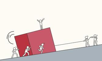 Little drawn people lift a big red cube up the mountain together. Vector illustration of team cohesion