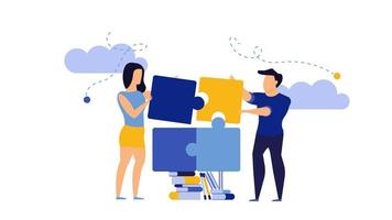 Puzzle teamwork man and woman business partnership communication. People work with books vector concept illustration. Together create piece jigsaw solution. Cooperation office human idea. Planning job