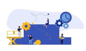 Achievement target career challenge vector flat illustration. People kpi walking steps to direction. Job journey business success leader ambition. Goal progress up climbing performance banner