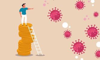 Coronavirus business opportunities and financial future. A man stands on coins and looks at the virus. People vision win with a financial plan in times of crisis. Investment motivation for business