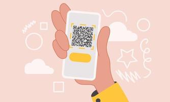 mano con código qr de teléfono y negocio móvil digital de tecnología. aplicación de escaneo smartphone vector ilustración y comunicación internet. lector en línea binario de escaneo e identificación de datos