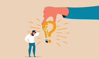 Decision answer and ask to question business problem. Learning concept with solving opinion idea vector illustration. Businessman make wrong choice and success future dilemma. Man with lightbulb mark