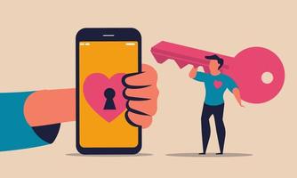 aplicación de citas y hombre con teléfono inteligente y llave. el romance y el amor en las redes sociales comparten el concepto de dibujo de ilustraciones vectoriales. conexión con dispositivo telefónico y coqueteo en línea. red encontrar persona y buscar vector