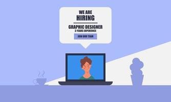 We are hiring a graphic background designer for an employee search for a job. We are hiring talent for work. Finding a good working designer vector illustration concept with laptop
