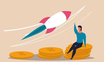 Fund raising with support startup rocket. Community people help and donate coin vector illustration concept. Finance crowdfunding money and business boost. Investment resource and capital assistance