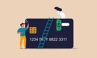 Electronic payments and online shopping on the Internet. Debit and good business reputation. Safe money transfer. Man receiving money from credit card with ladder vector illustration concept