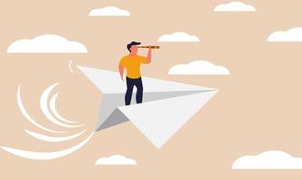 Future leader on paper plane with telescope and business opportunity. Finance discovery or curiosity vector illustration concept. Smart innovation direction and inspiration way flying on airplane