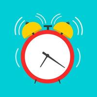 Alarm clock vector front view flat icon. Work time retro red round reminder