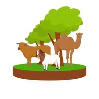 illustration of goat camel and cow on green grass. vector