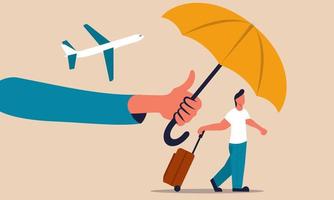 Insurance business travel and aircraft policy care. Umbrella shield protect people vector illustration concept. Money and life risk for passenger transportation. Vacation security and human insure