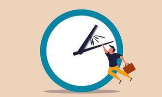 Alarm clock time management with fall man. Office overtime work and hand hold minute vector illustration concept. Business losing people and forward success. Project rush and deadline job