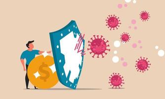 la ola de coronavirus y el negocio de protección y salud con escudo. el hombre protege las inversiones de una ilustración vectorial pandémica. lucha y ayuda para empresarios e inmunidad para virus vector