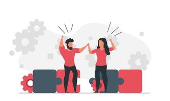 Assemble the puzzle together as a team. People are trying to solve a problem. Man and woman working on solution concept vector illustration