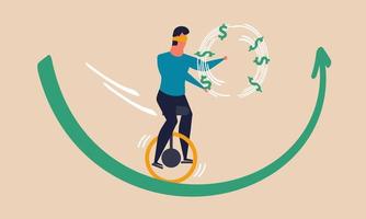 Blindfold unicycle on arrow business and blind difficulty challenge. Leadership insurance and skill vector illustration concept. Uncertainty rise and value investment. Employee career way and risk