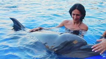 abrazo turístico lindo delfín llamado monica en delfinario. experiencia de nado con delfines en el delfinario de batumi, georgia