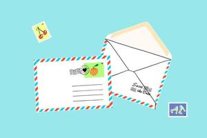 Cartoon postal set. Craft envelopes with various post stamps, postmarks. Flat cartoon colorful vector illustration