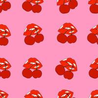 Seamless pattern with lips and sweet cherry on pink background. Lips holding cherries. Cute vector illustration for textiles, packaging, wrapping paper