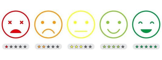 escala de retroalimentación emoji con icono de línea de estrellas. el estado de ánimo de los clientes desde una buena cara feliz hasta un concepto enojado y triste. retroalimentación de emoticonos. encuesta de nivel de satisfacción del cliente. ilustración vectorial aislada vector