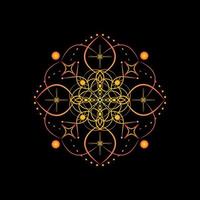 Gradient mandala on a black background. Vector boho mandala in yellow and red colors. Mandala with floral patterns. Yoga template